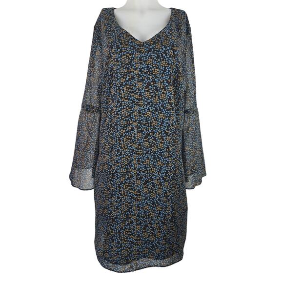 Cabi Black Tan Ditsy Floral Knee Length Sheer Sleeves Women's Shift Dress  XL - Picture 1 of 6